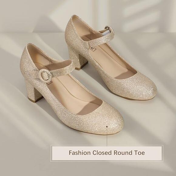 IDIFU Womens 10 Gold Glitter Candy Mary Jane 2.5" Block Heel Closed Toe Shoes - Picture 3 of 6